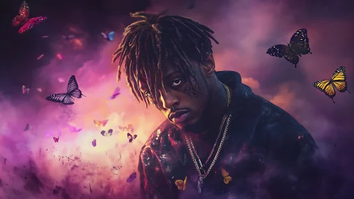 Moody portrait with neon butterflies in swirling violet haze