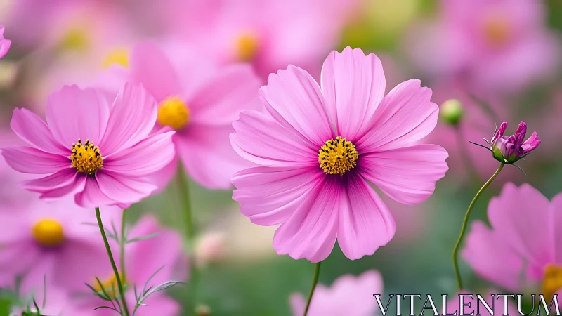 Pink cosmos flowers in garden setting with selective focus.