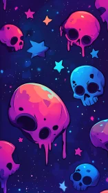 Neon skull illustrations float among stars on deep blue space