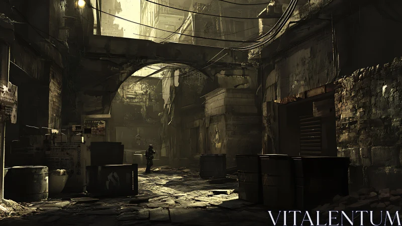 Lone soldier explores a decaying post apocalyptic alleyway