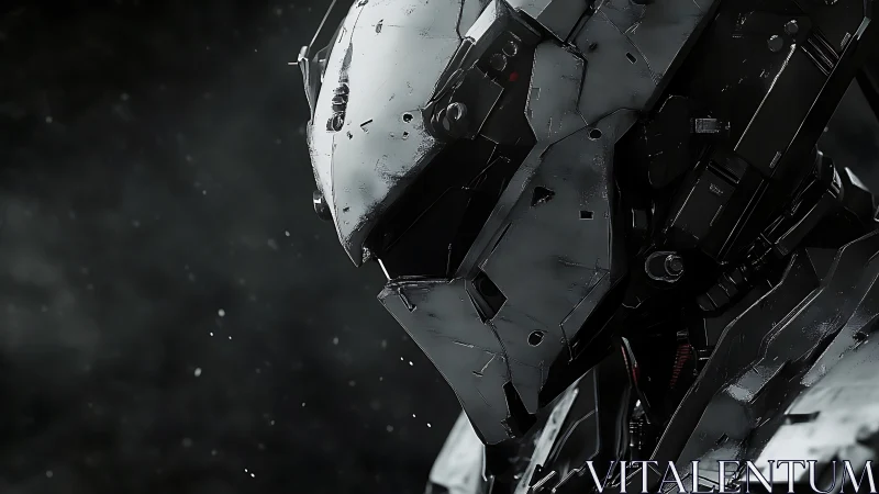 Detailed close-up of futuristic armored robot helmet.