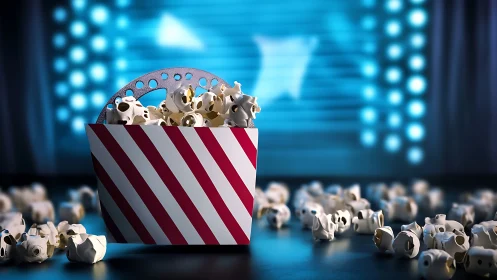 Cinema popcorn tub glows against vibrant blue theater lights