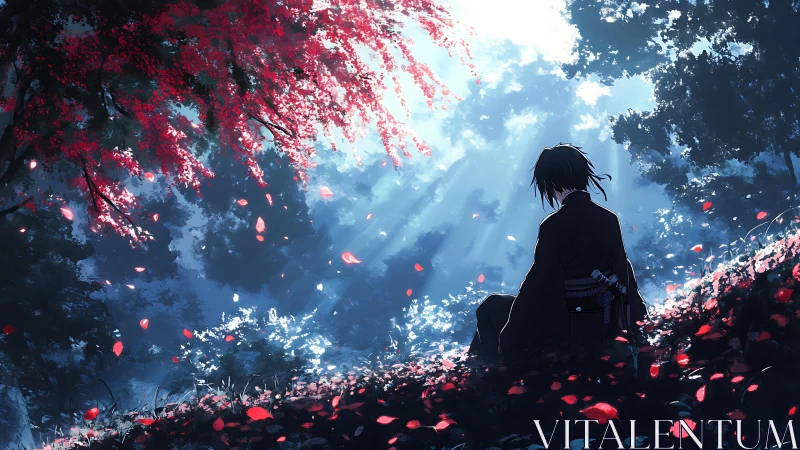 Quiet samurai daydream beneath crimson falling petals.