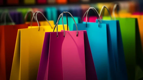Colorful shopping bags in vibrant retail display scene.