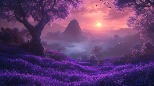 Dreamy violet valley welcomes a glowing fantasy sunrise