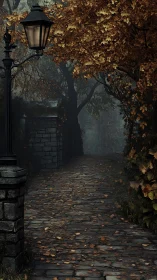 Autumn stone pathway under lamppost in misty tree corridor.