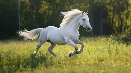 Sunlit ivory stallion streaking wild across forest meadow.