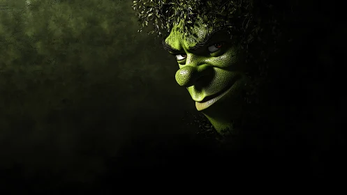 Green cartoon face emerging from dark leafy shadows.