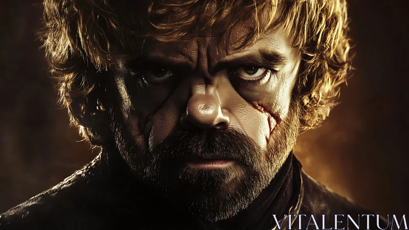 Intense scarred warrior gazes forward with fierce resolve