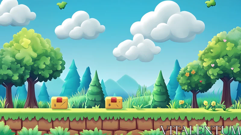 Stylized pastoral landscape with layered trees, clouds, and treasure elements