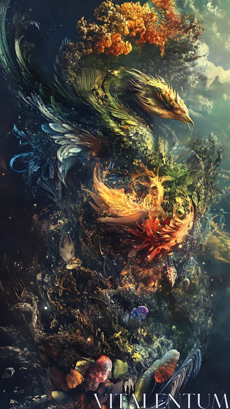 Two elemental phoenix forms rise within dense cosmic debris