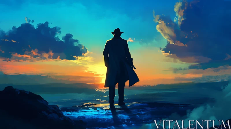Wanderer in a glowing sunset sky of blues and golds.