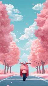 Spring scooter escape beneath a sky of drifting blossoms.