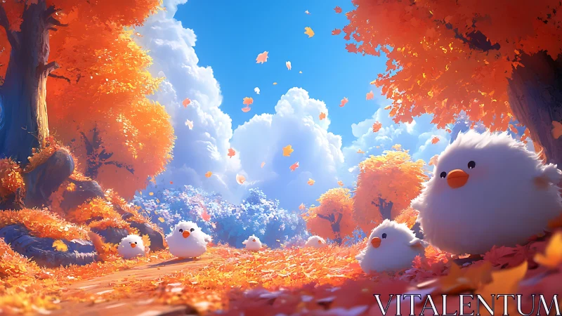 Fluffy bird-like figures occupy stylized autumn forest path