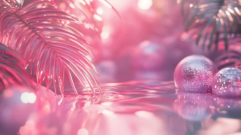 Pink chrome palms reflect beside glitter spheres on water