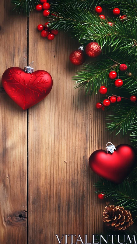 Crimson hearts quietly frame a rustic Christmas doorway