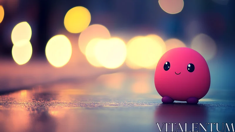 Tiny neon blob strolls through dreamy city lights at dusk.