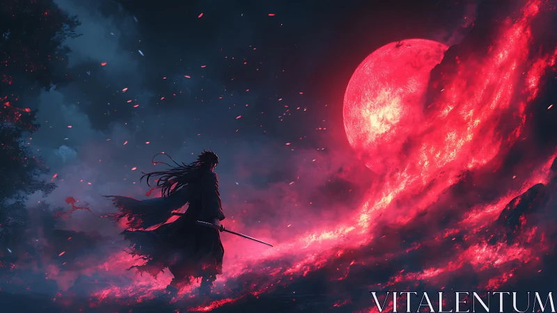 Crimson moon ignites a lone swordsman’s burning horizon