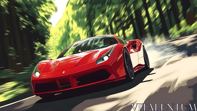 Red supercar drifts through sunlit forest mountain road.