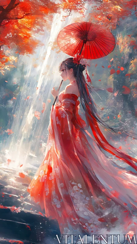 Autumn waterfall muse in crimson kimono and drifting petals.