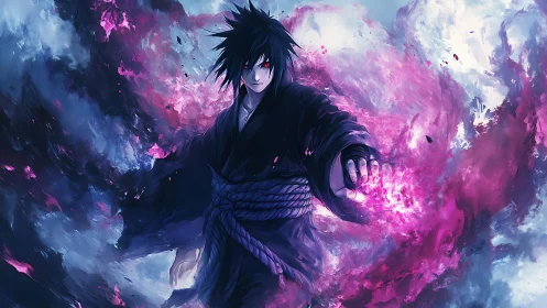 Dark-robed anime figure with glowing energy and swirling mist.