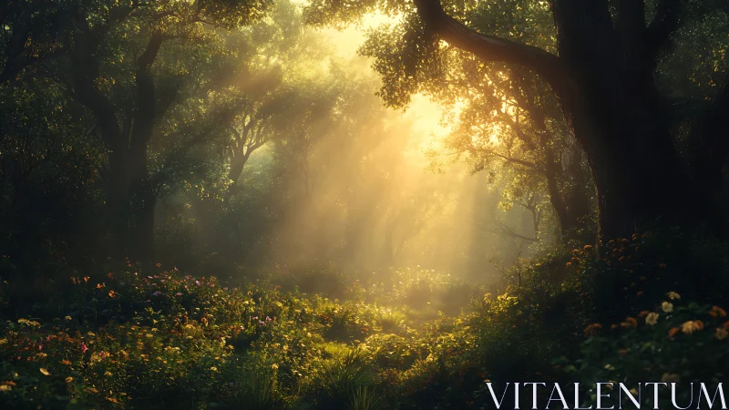 Forest pathway with directional light through canopy