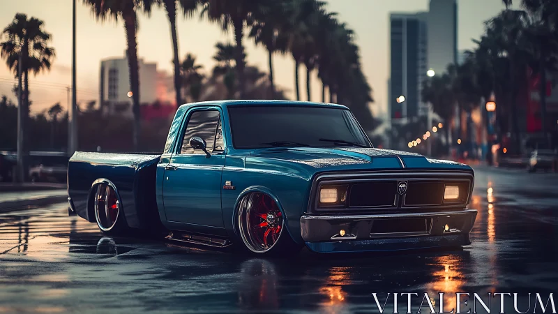 Low-slung pro-touring pickup on wet boulevard at dusk.