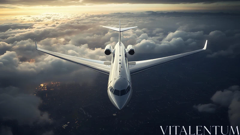 Private jet aircraft flies above dense cloud layer at dusk