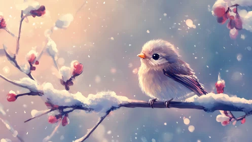 Winter Bird Among Frosted Berries in Snow.