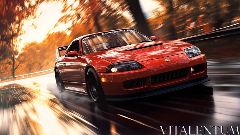 Red tuner car drifts through wet autumn forest road.