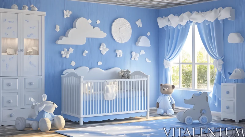 Blue nursery interior with crib, toys, and cloud decor.
