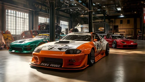 Widebody drift cars lined inside industrial tuning garage.