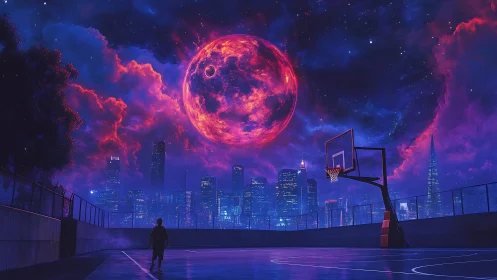 Neon lunar eclipse above urban rooftop basketball court at dusk