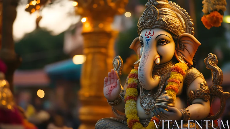 Photorealistic Ganesha idol with festive bokeh lighting focus.
