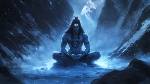 Blue-lit ascetic figure meditating amid glacial mountain pass