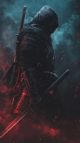 Shadowed blade walker in drifting smoke and embers.