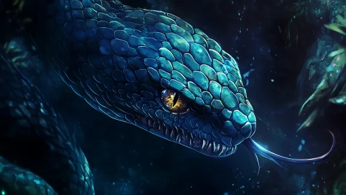 Iridescent serpent portrait under deep jungle shadows.
