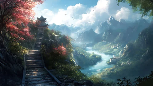 Sunlit mountain temple welcomes a calm riverside valley walk