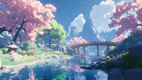 Gentle spring bridge over a dreamy mountain river valley.