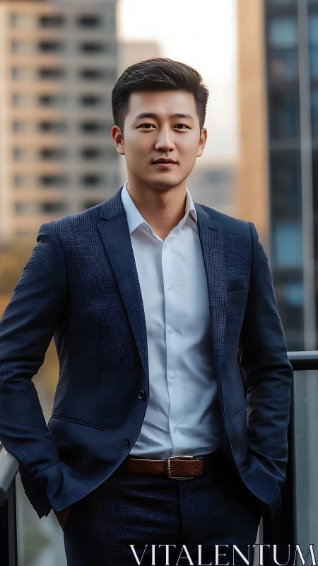 Corporate portrait of young executive in urban dusk lighting