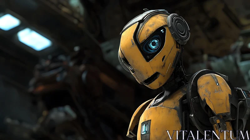 Yellow service android with worn chassis in industrial bay.