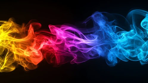 Multicolor light trails in abstract smoke formation on black.