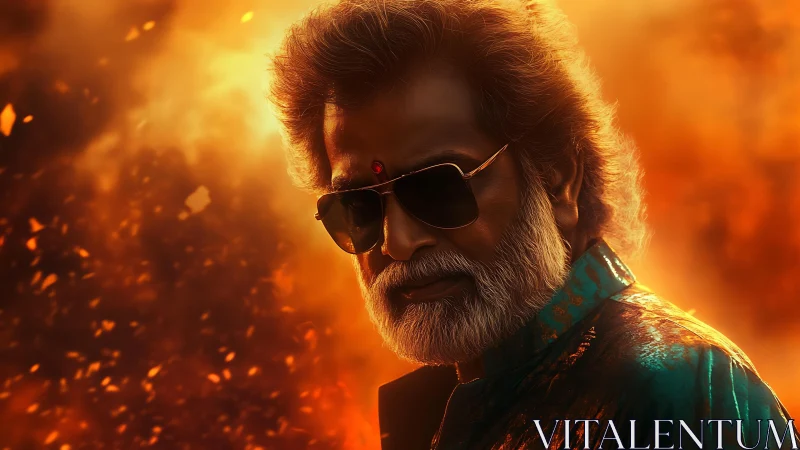 Middle‑aged man in sunglasses stands before fiery bokeh field