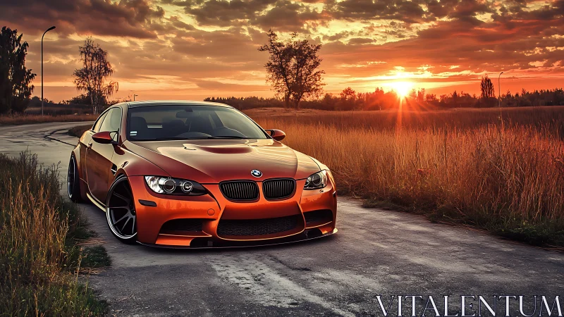 Sunset-lit orange BMW sports car stands on rural asphalt road.