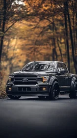 Lowered grey pickup truck parked on forest road in autumn