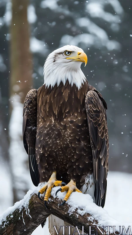 Bald eagle stands alert on snowy branch in winter forest