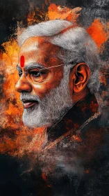 Digital portrait of elder man over fiery textured backdrop.