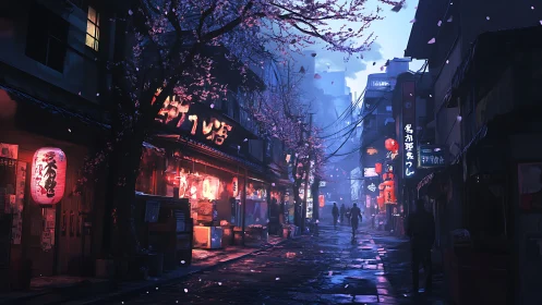 Neon lit Japanese alley with cherry blossoms at dusk.