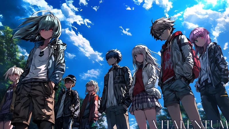 Storm-eyed misfit squad under a burning blue summer sky.