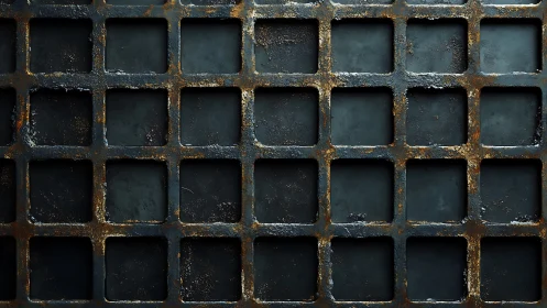 Rusted iron grid whispers industrial echoes in shadowed blue.